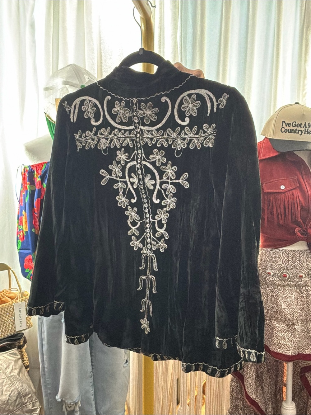 Jen's Pirate Booty Black Velvet Blazer with White Embroidery